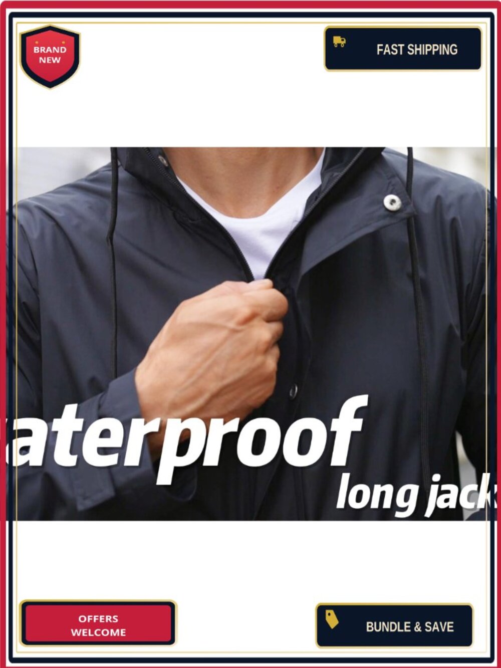 Men's Long Waterproof Raincoat Hooded Trench Jacket Nylon Polyester Windbreaker - Picture 6 of 6